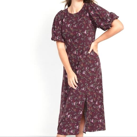 Old Navy Maxi Dress Purple Plum Floral Short Puff Sleeve Shift Dress Medium NEW - Picture 2 of 12